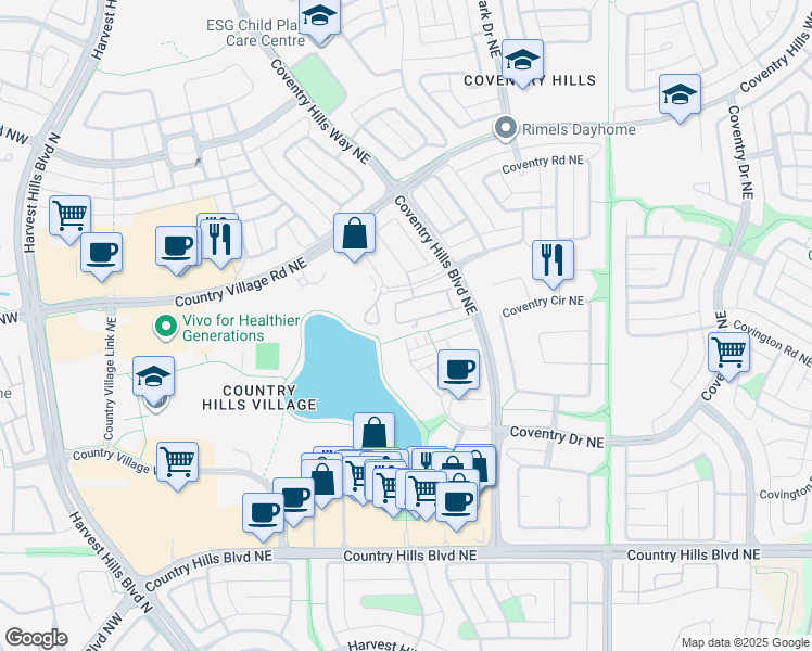 map of restaurants, bars, coffee shops, grocery stores, and more near 43 Country Village Lane Northeast in Calgary