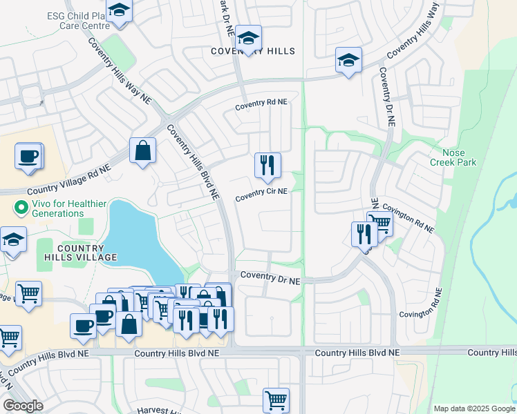 map of restaurants, bars, coffee shops, grocery stores, and more near 90 Coventry Crescent Northeast in Calgary