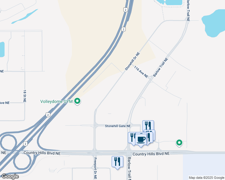 map of restaurants, bars, coffee shops, grocery stores, and more near 11576 Stonehill Drive Northeast in Calgary