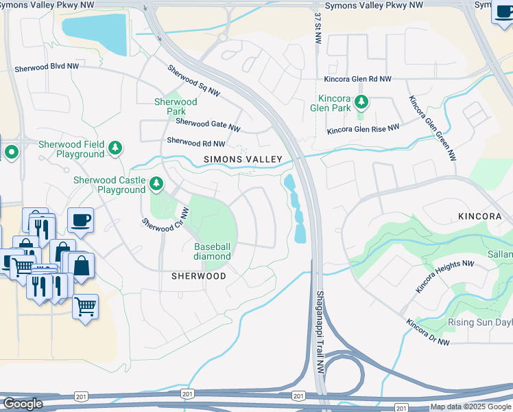 map of restaurants, bars, coffee shops, grocery stores, and more near 58 Sherwood Terrace Northwest in Calgary