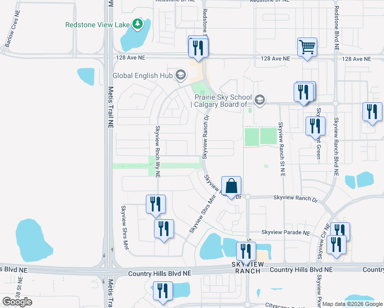 map of restaurants, bars, coffee shops, grocery stores, and more near 189 Skyview Ranch Drive in Calgary