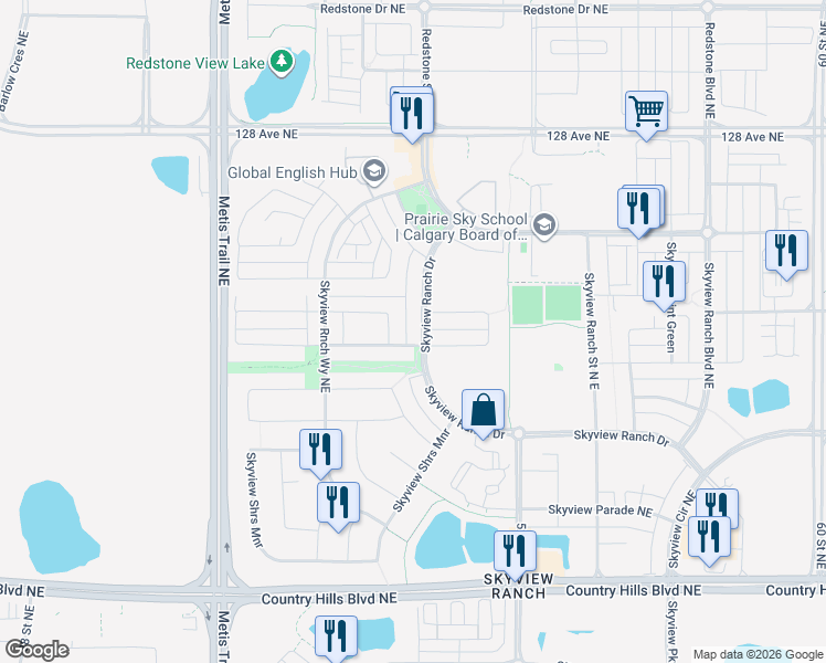 map of restaurants, bars, coffee shops, grocery stores, and more near 189 Skyview Ranch Drive in Calgary