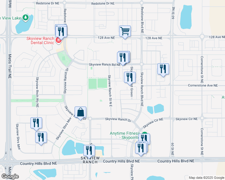 map of restaurants, bars, coffee shops, grocery stores, and more near 98 Skyview Ranch Street North East in Calgary