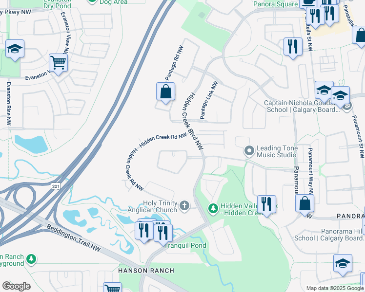 map of restaurants, bars, coffee shops, grocery stores, and more near 38 Hidden Creek Heights Northwest in Calgary