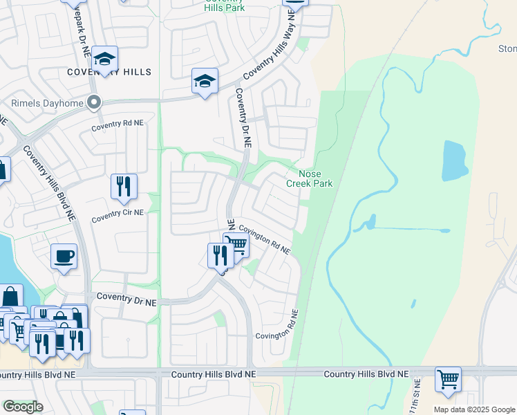 map of restaurants, bars, coffee shops, grocery stores, and more near 36 Covington Close Northeast in Calgary