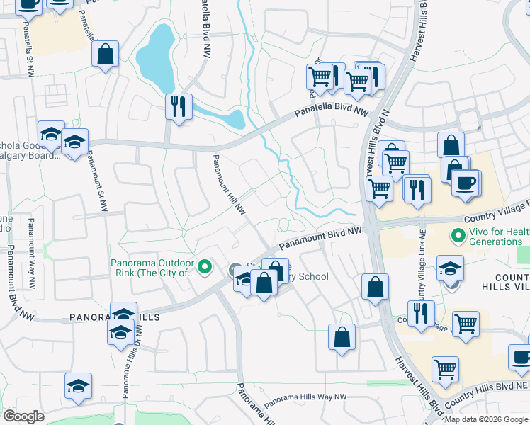 map of restaurants, bars, coffee shops, grocery stores, and more near 29 Panamount Green Northwest in Calgary