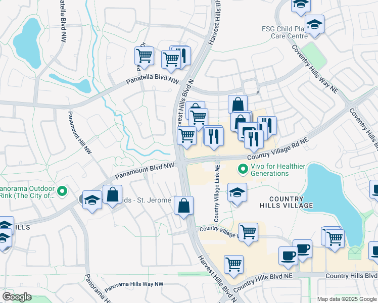 map of restaurants, bars, coffee shops, grocery stores, and more near 11622 Harvest Hills Boulevard North in Calgary