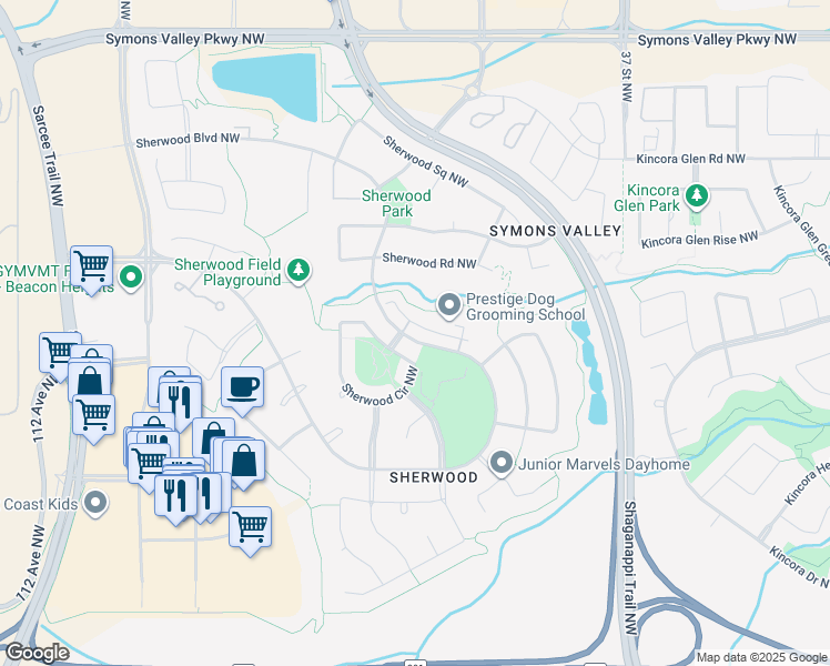 map of restaurants, bars, coffee shops, grocery stores, and more near 926 Sherwood Boulevard Northwest in Calgary