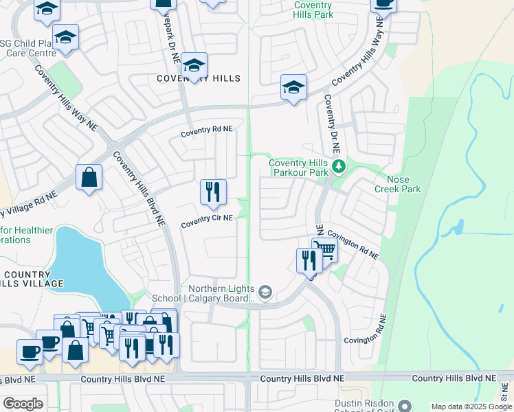 map of restaurants, bars, coffee shops, grocery stores, and more near 129 Coverdale Road Northeast in Calgary