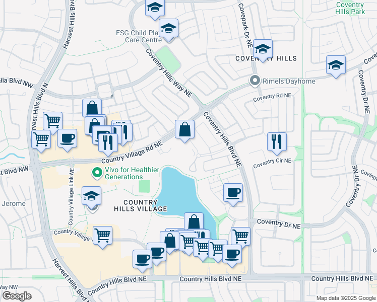 map of restaurants, bars, coffee shops, grocery stores, and more near 31 Country Village Manor Northeast in Calgary