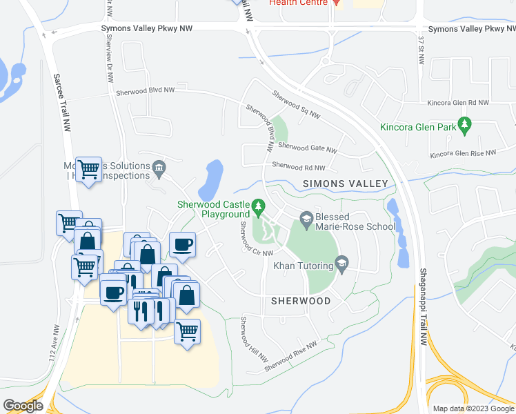 map of restaurants, bars, coffee shops, grocery stores, and more near 138 Sherwood Circle Northwest in Calgary