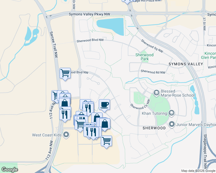 map of restaurants, bars, coffee shops, grocery stores, and more near Sherwood Boulevard Northwest in Calgary