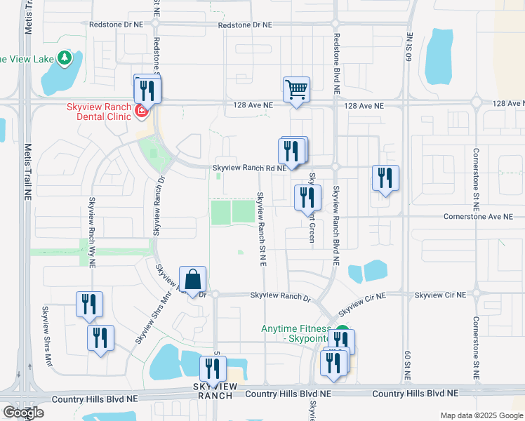map of restaurants, bars, coffee shops, grocery stores, and more near 98 Skyview Ranch Street North East in Calgary