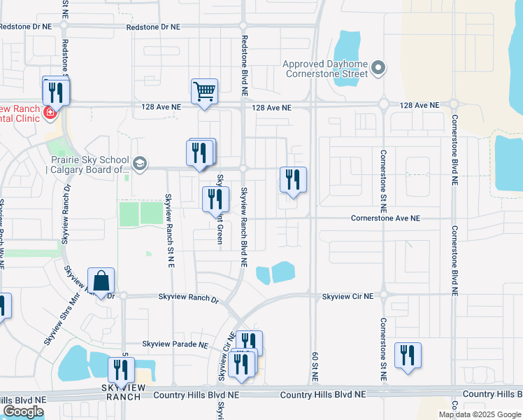 map of restaurants, bars, coffee shops, grocery stores, and more near 198 Skyview Point Road in Calgary