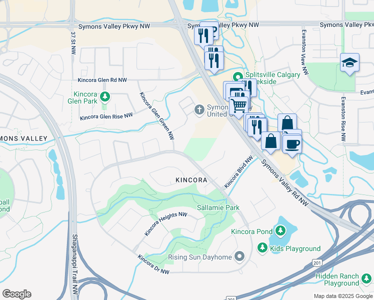 map of restaurants, bars, coffee shops, grocery stores, and more near 1100 Kincora Drive Northwest in Calgary