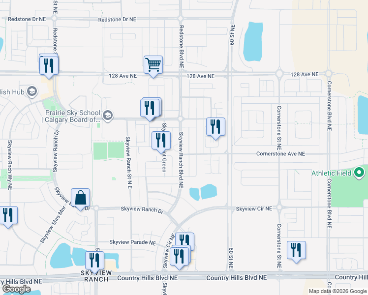 map of restaurants, bars, coffee shops, grocery stores, and more near 142 Skyview Ranch Boulevard Northeast in Calgary