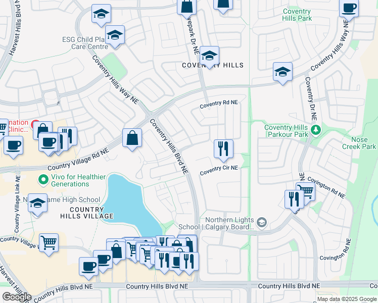 map of restaurants, bars, coffee shops, grocery stores, and more near 17 Coventry Way Northeast in Calgary