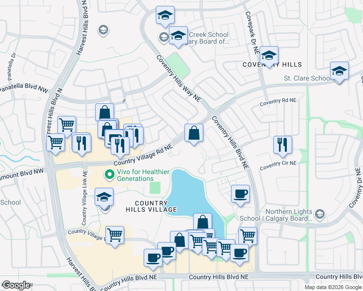 map of restaurants, bars, coffee shops, grocery stores, and more near 31 Country Village Manor Northeast in Calgary