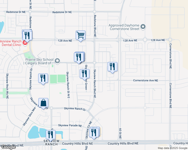 map of restaurants, bars, coffee shops, grocery stores, and more near Skyview Ranch Boulevard Northeast in Calgary