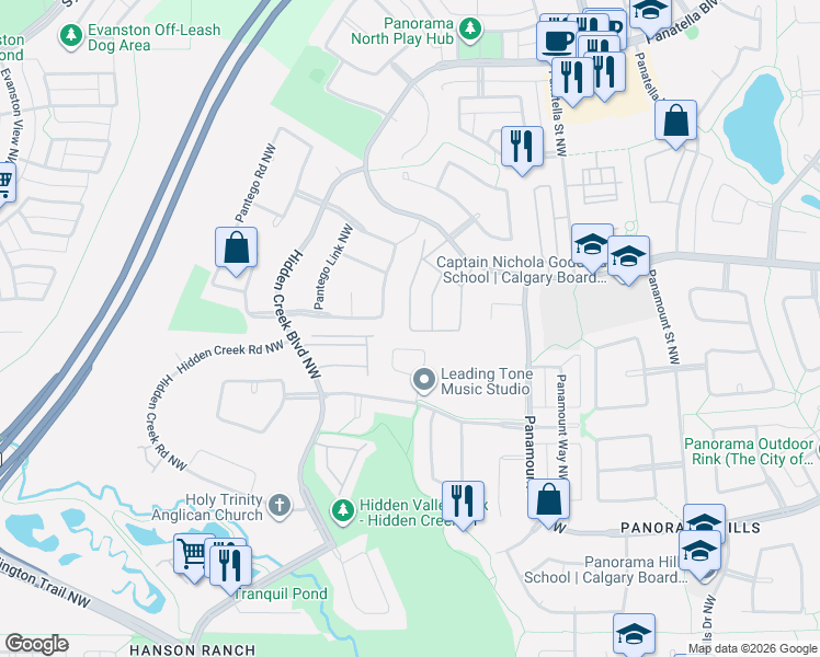 map of restaurants, bars, coffee shops, grocery stores, and more near 102 Pantego Lane Northwest in Calgary