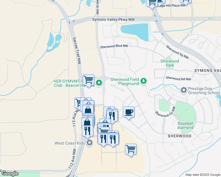 map of restaurants, bars, coffee shops, grocery stores, and more near 1540 Sherwood Boulevard Northwest in Calgary