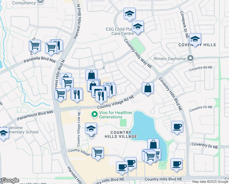 map of restaurants, bars, coffee shops, grocery stores, and more near 228 Covehaven Road Northeast in Calgary
