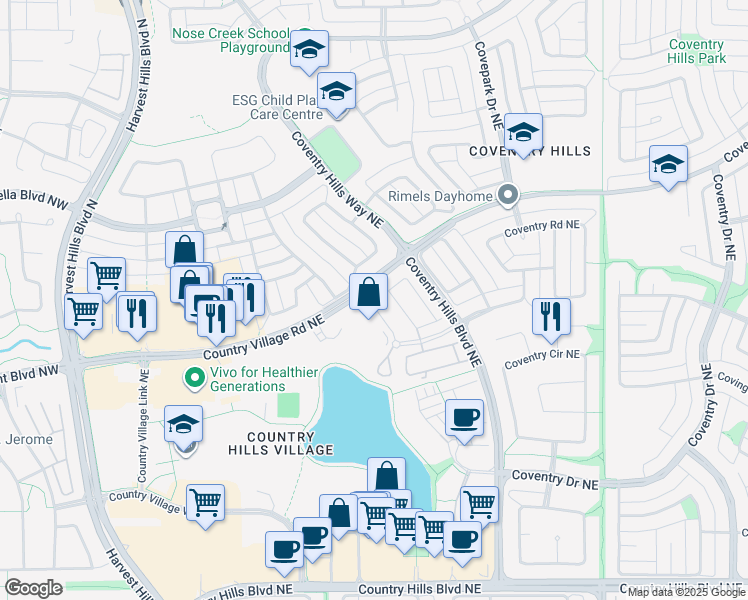 map of restaurants, bars, coffee shops, grocery stores, and more near 69 Country Village Manor Northeast in Calgary