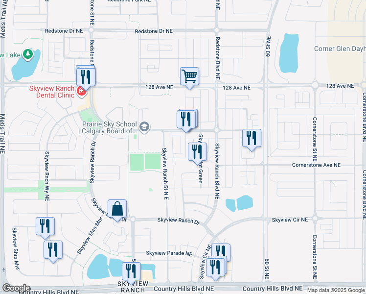 map of restaurants, bars, coffee shops, grocery stores, and more near 33 Skyview Point Link Northeast in Calgary