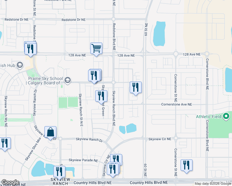 map of restaurants, bars, coffee shops, grocery stores, and more near 142 Skyview Ranch Boulevard Northeast in Calgary