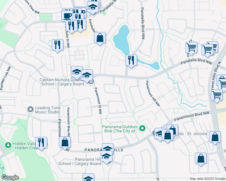 map of restaurants, bars, coffee shops, grocery stores, and more near 113 Panamount Manor Northwest in Calgary