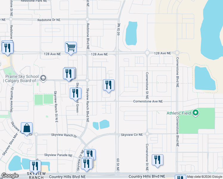 map of restaurants, bars, coffee shops, grocery stores, and more near 630 Skyview Ranch Grove Northeast in Calgary