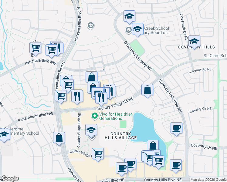 map of restaurants, bars, coffee shops, grocery stores, and more near 240 Covehaven Road Northeast in Calgary