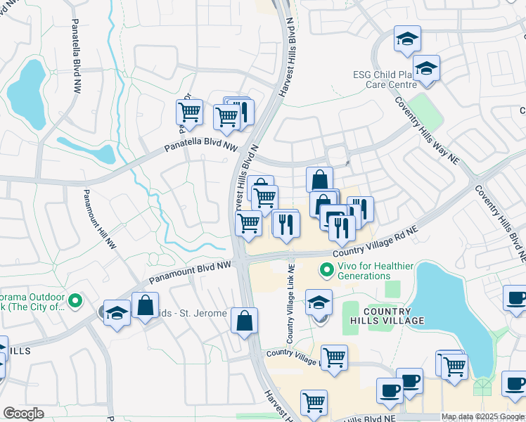 map of restaurants, bars, coffee shops, grocery stores, and more near 100 Country Village Road Northeast in Calgary