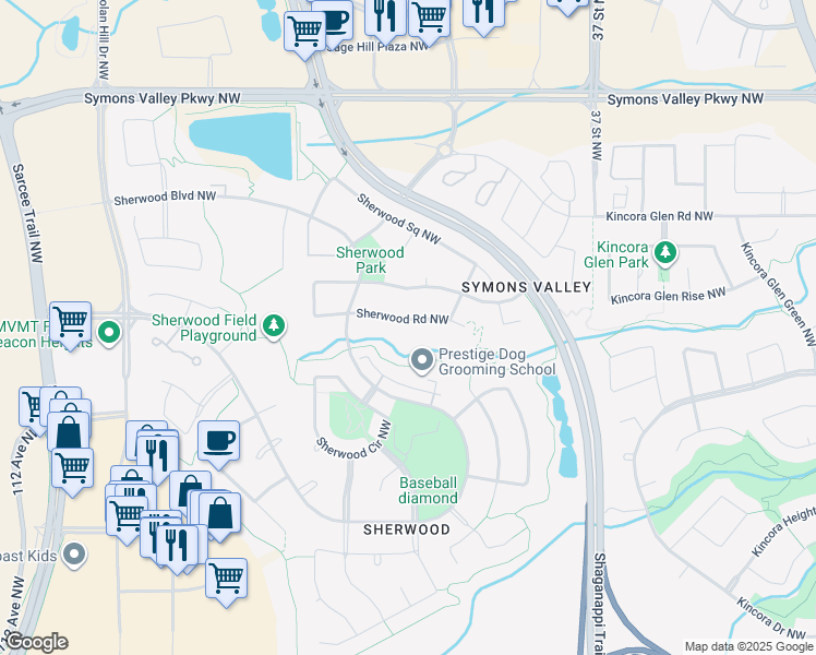 map of restaurants, bars, coffee shops, grocery stores, and more near 97 Sherwood Road Northwest in Calgary