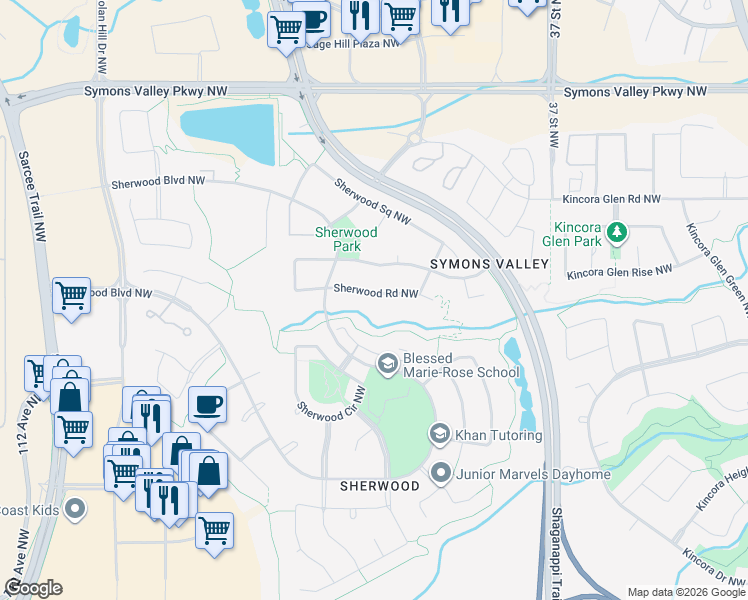 map of restaurants, bars, coffee shops, grocery stores, and more near 117 Sherwood Road Northwest in Calgary