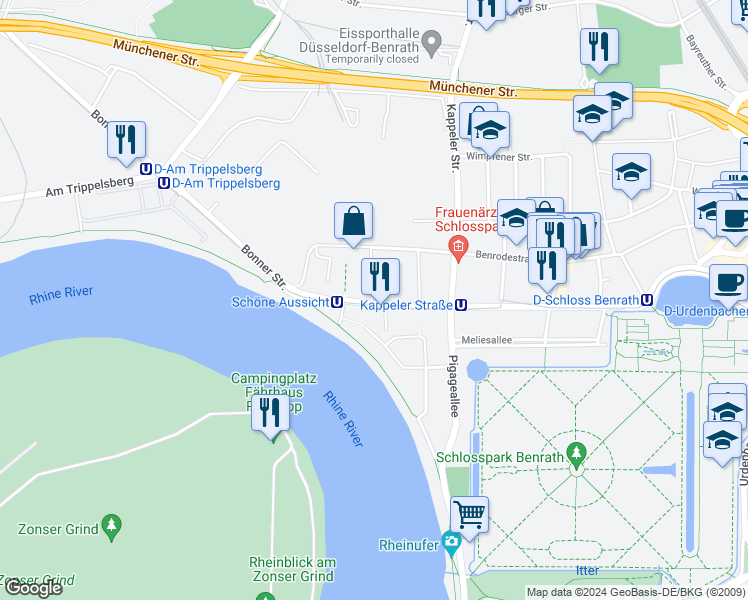 map of restaurants, bars, coffee shops, grocery stores, and more near 19 Benrather Schloßallee in Düsseldorf