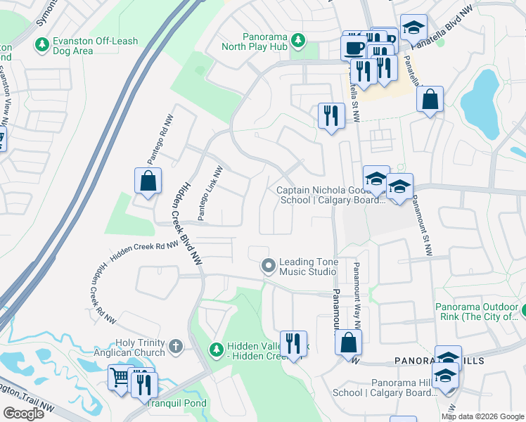 map of restaurants, bars, coffee shops, grocery stores, and more near 102 Pantego Lane Northwest in Calgary