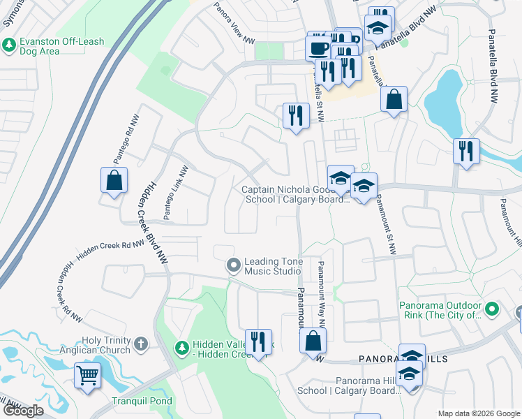 map of restaurants, bars, coffee shops, grocery stores, and more near 28 Pantego Lane Northwest in Calgary
