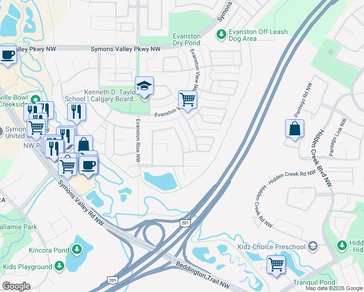 map of restaurants, bars, coffee shops, grocery stores, and more near Evansmeade Circle Northwest in Calgary