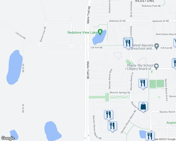 map of restaurants, bars, coffee shops, grocery stores, and more near Métis Trail Northeast in Calgary