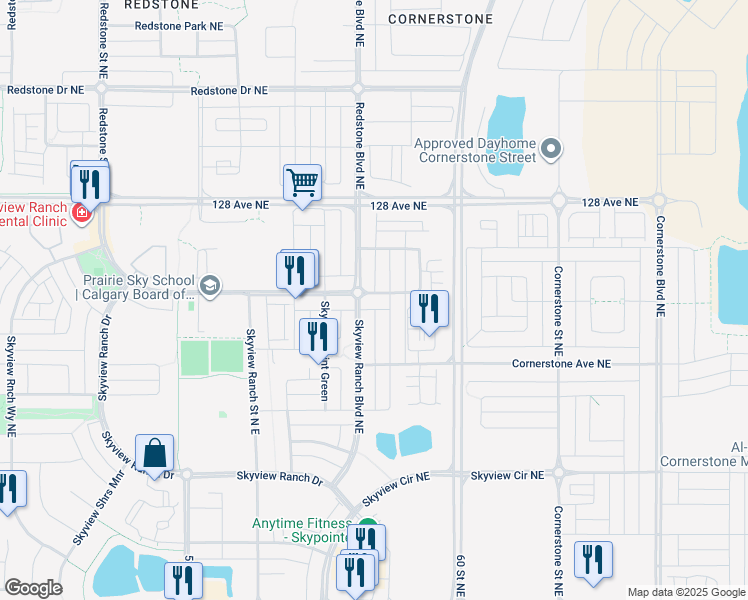 map of restaurants, bars, coffee shops, grocery stores, and more near 21 Skyview Ranch Manor in Calgary