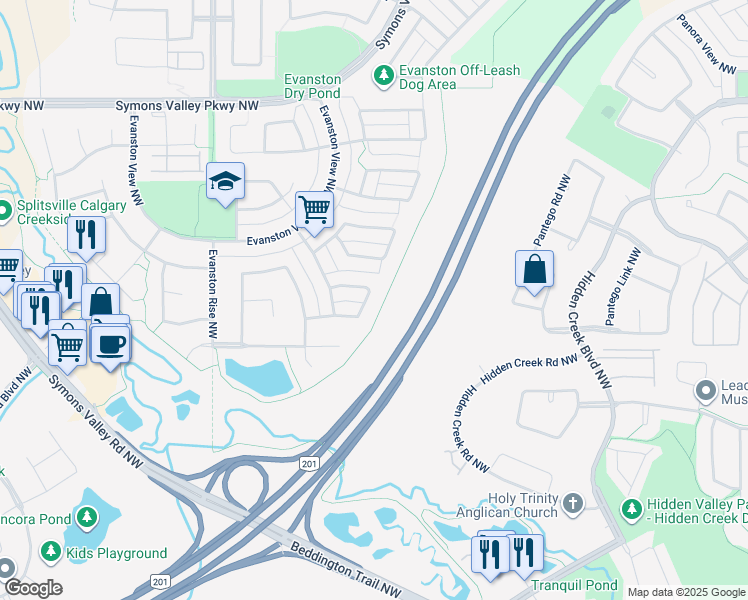 map of restaurants, bars, coffee shops, grocery stores, and more near 87 Evansmeade Crescent Northwest in Calgary