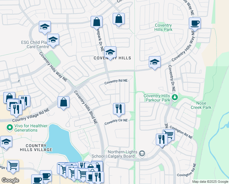 map of restaurants, bars, coffee shops, grocery stores, and more near 176 Coventry Road Northeast in Calgary