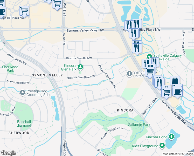 map of restaurants, bars, coffee shops, grocery stores, and more near 37 Kincora Glen Rise Northwest in Calgary