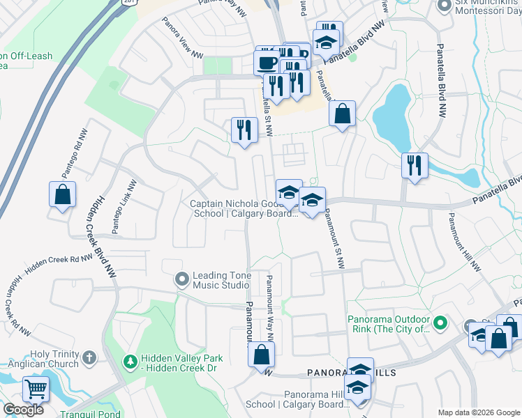 map of restaurants, bars, coffee shops, grocery stores, and more near 201 Panatella Landing Northwest in Calgary