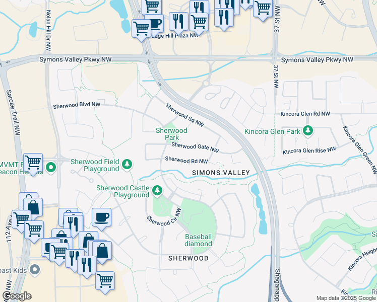 map of restaurants, bars, coffee shops, grocery stores, and more near 81 Sherwood Gate Northwest in Calgary