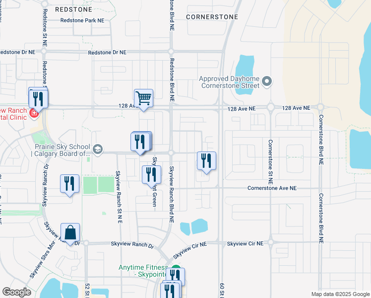 map of restaurants, bars, coffee shops, grocery stores, and more near 226 Skyview Ranch Boulevard Northeast in Calgary