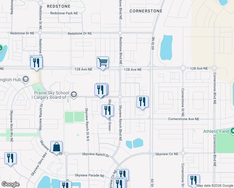 map of restaurants, bars, coffee shops, grocery stores, and more near 175 Skyview Point Crescent Northeast in Calgary