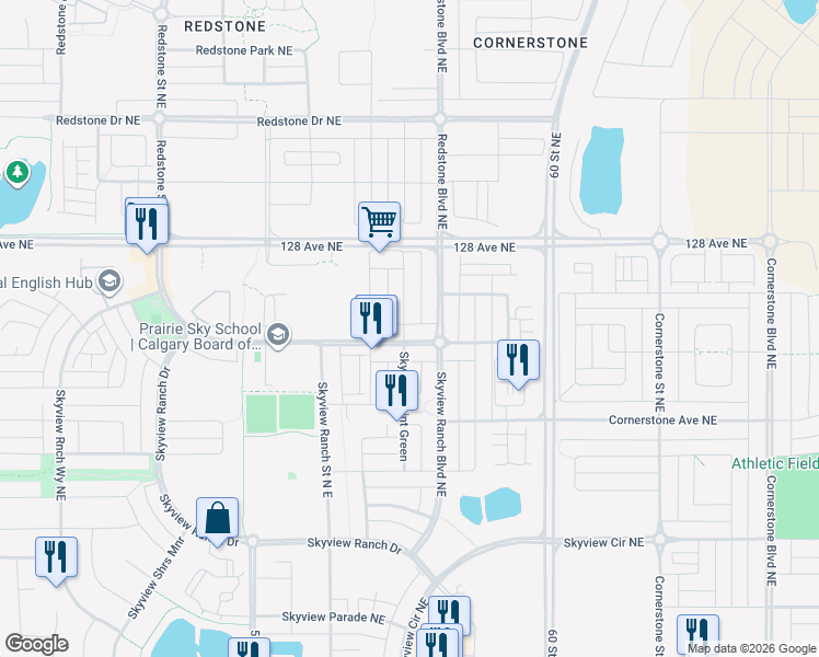 map of restaurants, bars, coffee shops, grocery stores, and more near 175 Skyview Point Crescent Northeast in Calgary