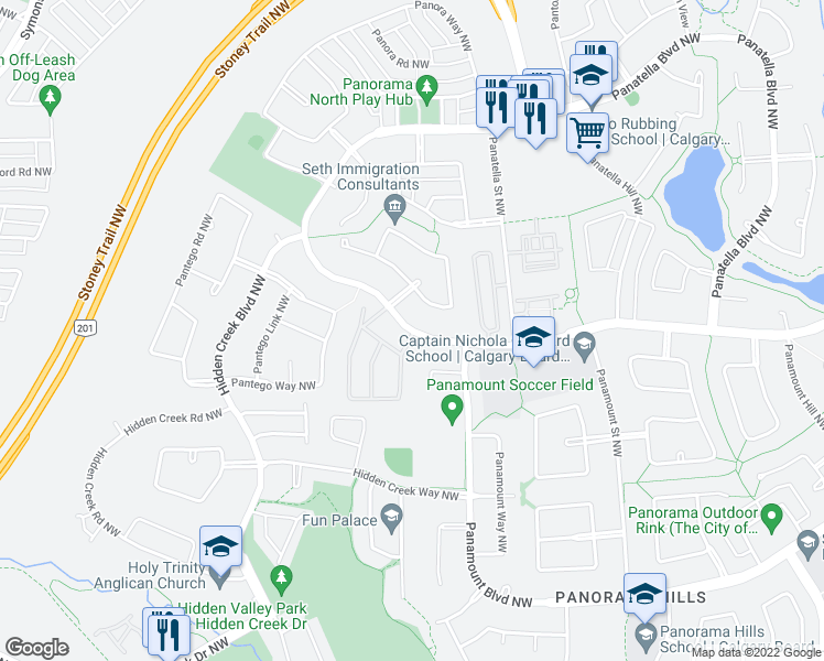 map of restaurants, bars, coffee shops, grocery stores, and more near 550 Panatella Boulevard Northwest in Calgary